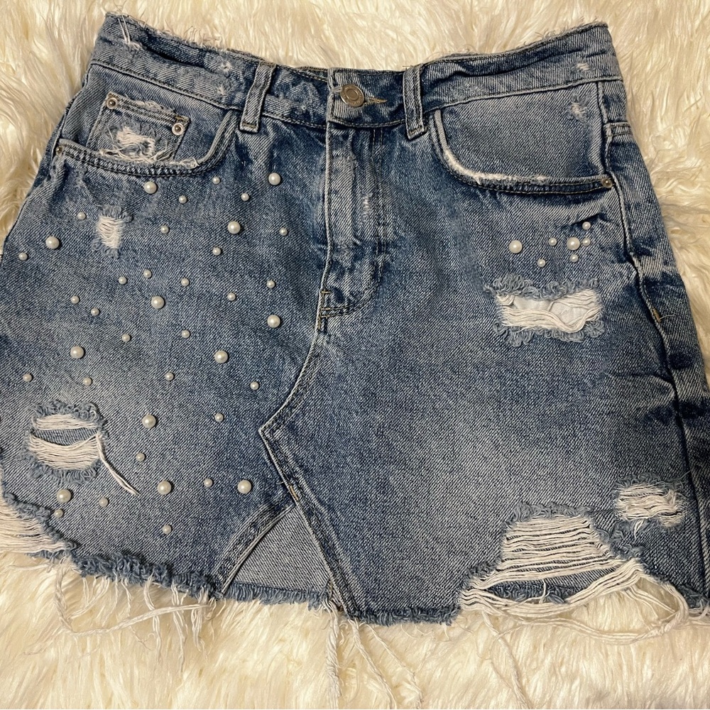 Zara Denim Mini Skirt with Pearl Accents
